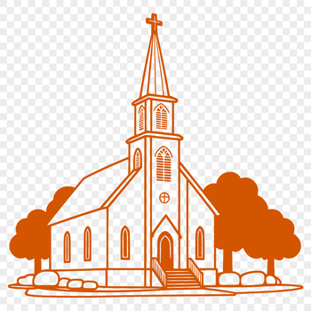 An outline drawing of a traditional Baptist church with clean lines and minimal details.