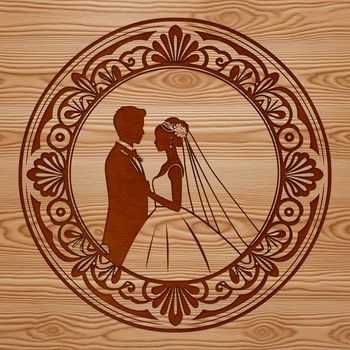 A pair of newlyweds standing together, surrounded by flowers and foliage, in a stylized vector illustration.
