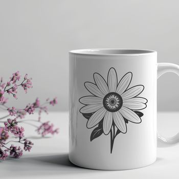A stylized illustration of a daisy flower with symmetrical petals and center details.
