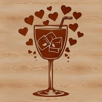 A colorful cocktail in a glass with heart-shaped ice cubes and garnishes.