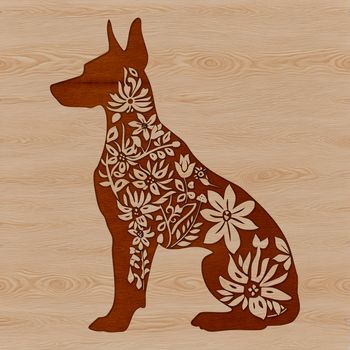 A detailed illustration of a sitting Doberman Pinscher surrounded by floral patterns.