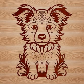 An ornate line drawing of a Shetland sheepdog in a seated position.