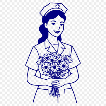 A female nurse wearing a uniform, holding a stethoscope and standing in front of a floral background.