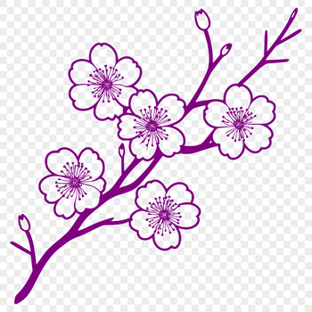 A stylized illustration of a cherry blossom tree with delicate pink petals and green leaves.