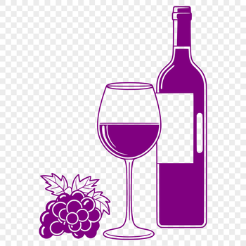 An illustration of a wine glass filled with liquid next to an empty wine bottle.
