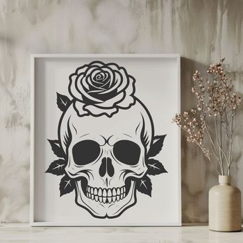 A stylized gothic skull design featuring intricate details and ornate elements.
