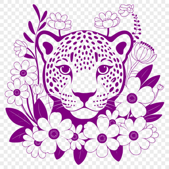 A close-up illustration of a majestic jaguar's face with floral patterns integrated into its fur.