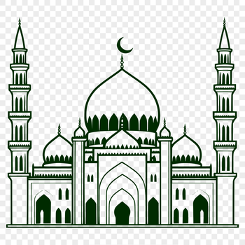 A stylized illustration of a mosque with Islamic architectural features.