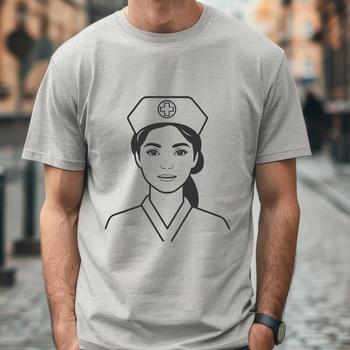 A female healthcare professional in a nurse's uniform standing near a hospital bed.