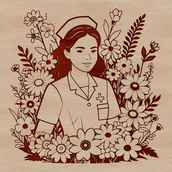 Female nurse silhouette in floral patterned uniform