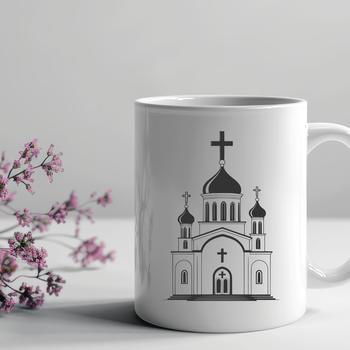 Illustration of a traditional Orthodox church with onion domes and ornate architecture.