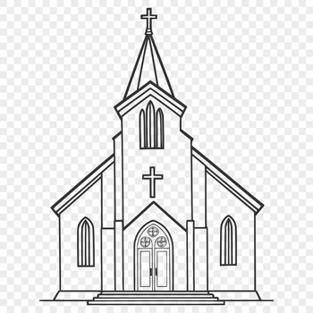 A detailed illustration of a traditional church building with a steepled roof and ornate decorations.