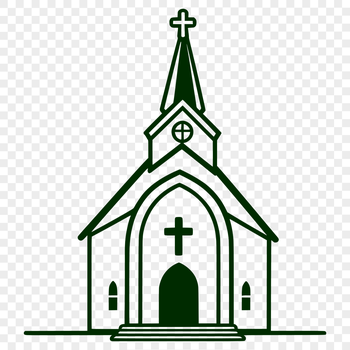 A detailed illustration of a traditional church building with architectural features and religious symbols.