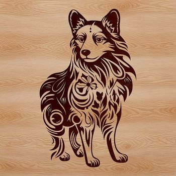 A standing Shetland sheepdog with ornate details, suitable for various designs.