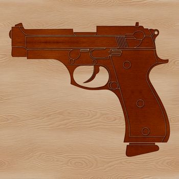 A detailed illustration of a hand-held firearm with various design elements.