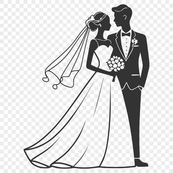 A detailed illustration of a happy bride and groom embracing in their wedding attire.