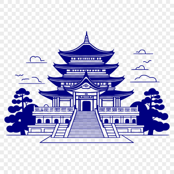 A detailed, 2D illustration of a traditional Buddhist temple with ornate architecture.