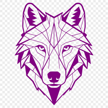 A wolf's head is rendered in detailed vector art.