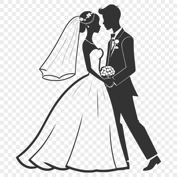 A romantic illustration of a bride and groom exchanging vows, featuring intricate details suitable for vector art.