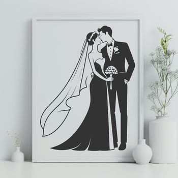 A digital illustration of a wedding scene featuring a bride and groom surrounded by decorations.