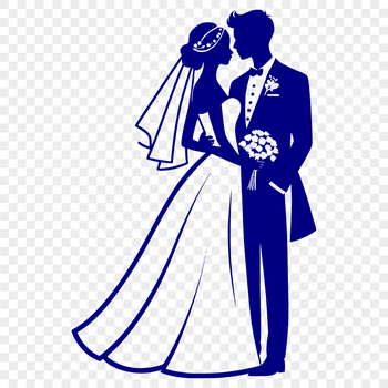 Wedding illustration with bride and groom in formal attire.