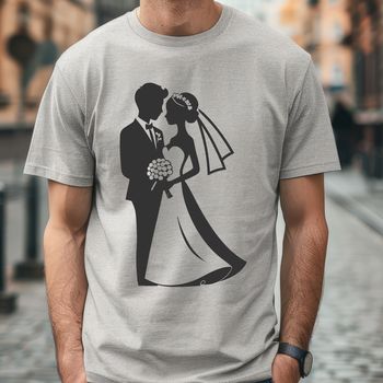 An SVG vector art design featuring a romantic couple celebrating their union with flowers, rings, and other wedding elements.