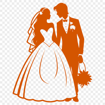 A stylized illustration of a wedding scene with a bride and groom standing together, surrounded by floral elements.