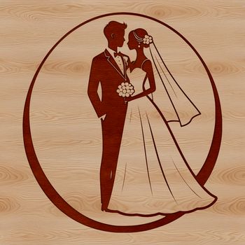 A digital illustration of a happy bride and groom exchanging vows in a wedding ceremony.