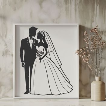 A couple's wedding day illustration featuring a bride and groom.