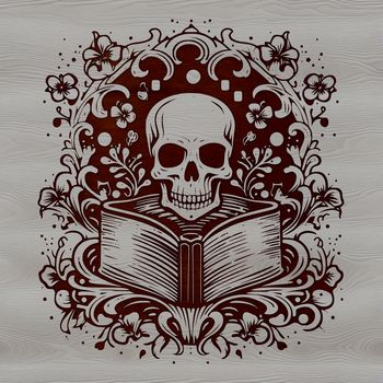 An ornate illustration of witchcraft elements on a dark background featuring a skull motif.