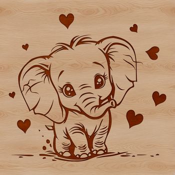 A standing elephant with love hearts surrounding it.