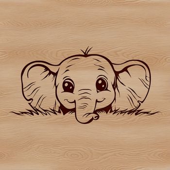 A cute elephant peeking out from behind a tree trunk.
