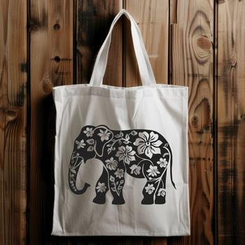 An ornate illustration of a standing elephant surrounded by floral patterns.