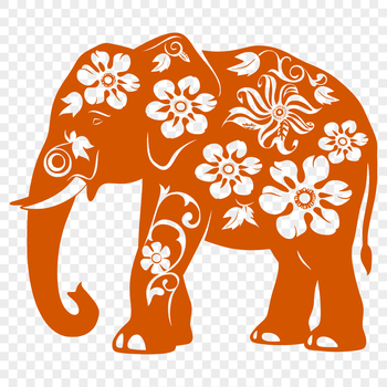 A full-body illustration of an African elephant standing on its legs, with ornate floral patterns in the background.