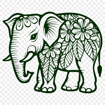 An ornate design featuring the full body of an elephant in a classic safari animal pose.