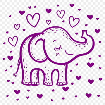 A full-body illustration of an African elephant standing on its hind legs, with heart symbols surrounding it.