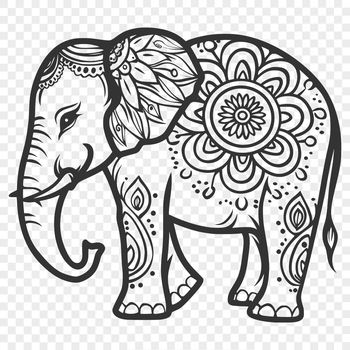 A detailed, standing elephant with intricate designs.
