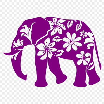 A detailed illustration of a full-body elephant with ornate floral patterns on its body.