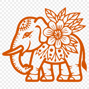 A colorful illustration of a standing elephant in a full-body pose, featuring intricate floral designs on its body.