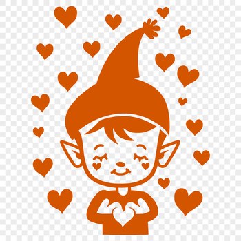 A festive Christmas elf design featuring love hearts on its head.