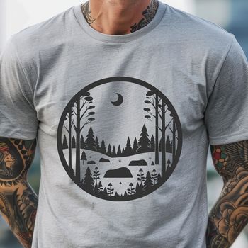 An SVG vector design featuring a serene forest scene with multiple tree silhouettes.