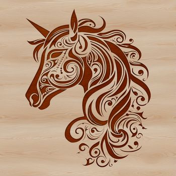 A detailed, ornate illustration of a mythical unicorn's head, suitable for use in vector design and digital art.