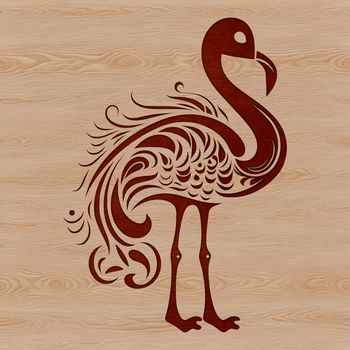 An ornate design featuring a single flamingo with long neck and legs in the wild animal style.