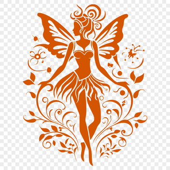 A detailed, ornate illustration of a mythical fairy in full body, set against a subtle floral background.