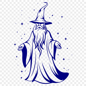 A medieval-style wizard with a long white beard and pointed hat stands confidently in front of a mystical background.