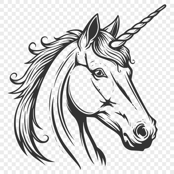 A stylized illustration of a unicorn's head with a horn and mane.