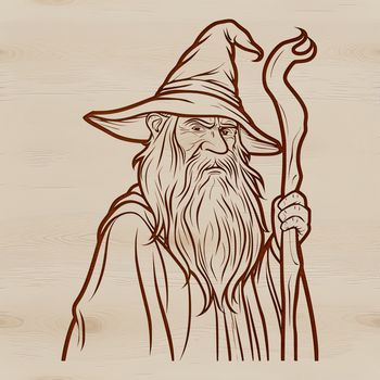 A medieval-style wizard stands in front of a mystical background, symbolizing fantasy and magic.