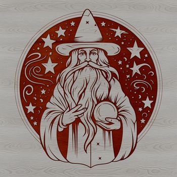 A medieval-style wizard with a long beard and pointed hat, surrounded by mystical symbols and elements.