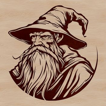 A wizard character with a pointed hat and long white beard, surrounded by magical elements in a fantasy setting.