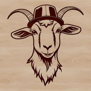 A goat wearing a hat stands on a green background.